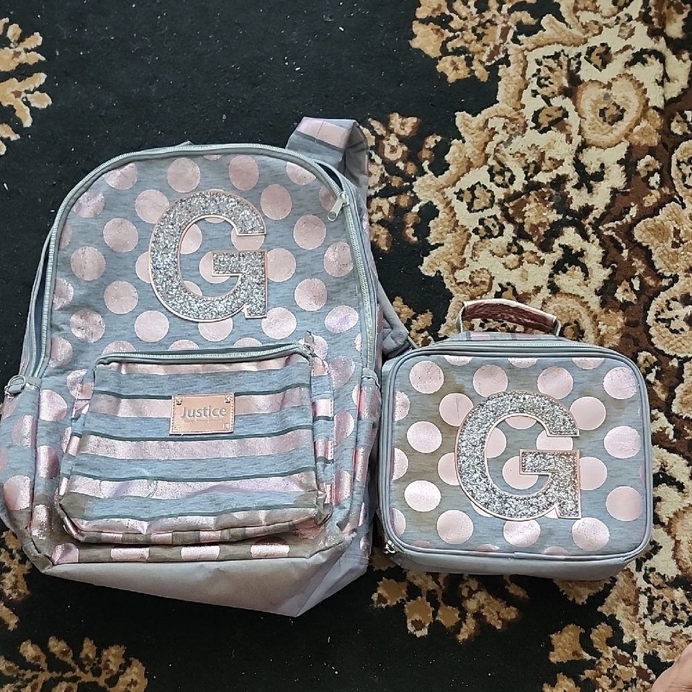 Justice Glittery Backpack & Lunchbox Set with Pink and Silver Accents;Grey/Pink